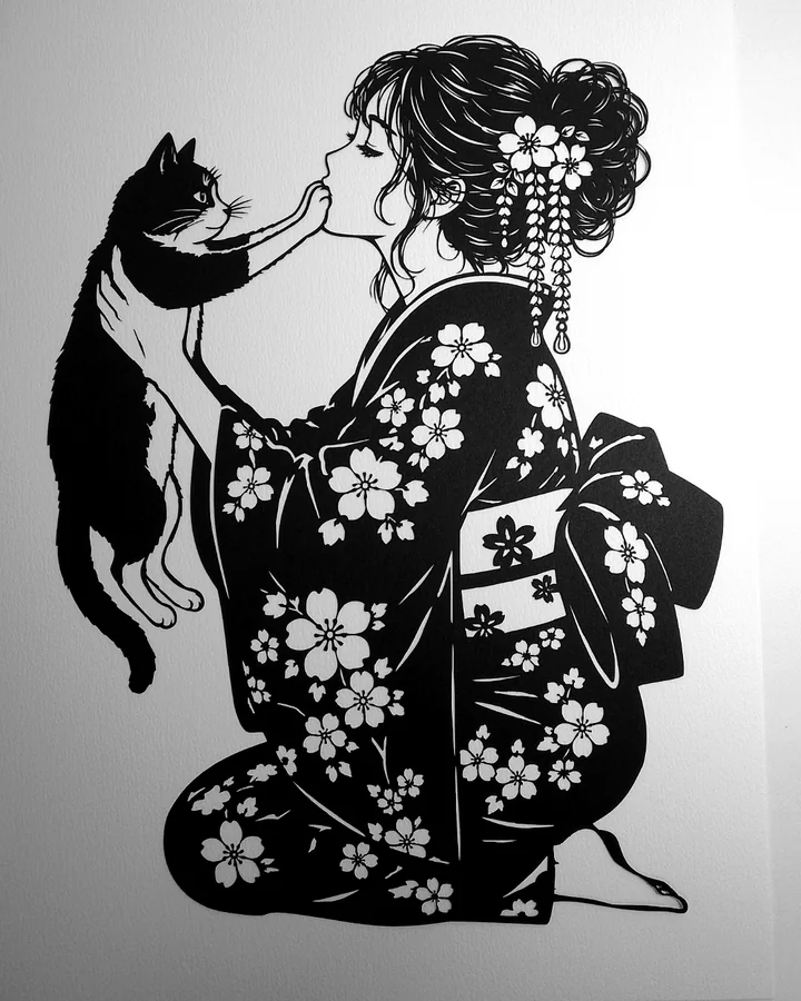 猫が女性の口元に前足を添える切り絵
