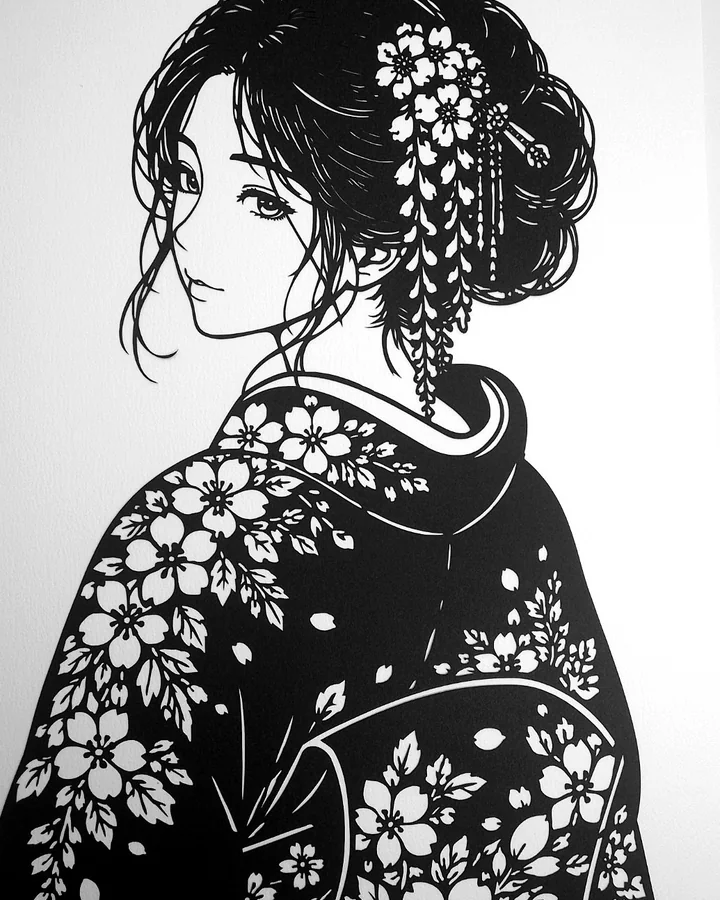 桜柄の着物を着た女性の切り絵