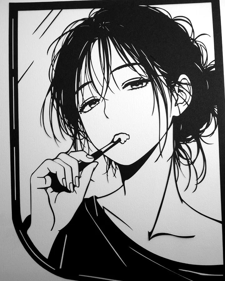 口元に小さな道具を添える女性の切り絵